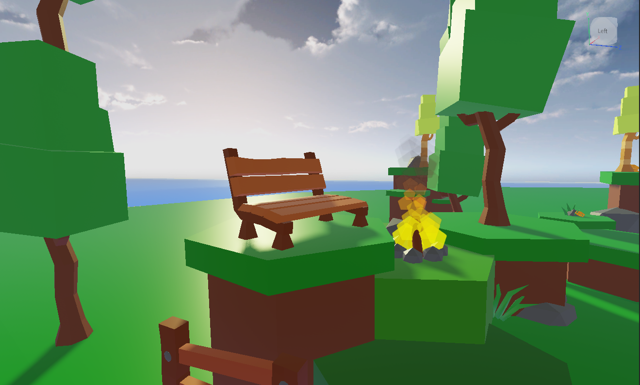 Donate X game environment with bench and trees